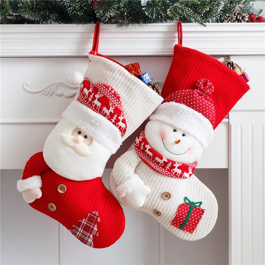 Large Red White Knitted Christmas Stocking for Decor